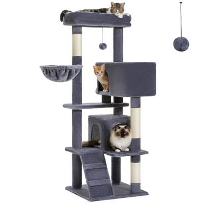 Arbre à chat pour grands chats adultes avec perchoir supérieur super grand, tour pour chats 56,3 po avec hamac moelleux, tablettes pour chat et pompon suspendu, poteaux à griffes pour chat et 2 maisonnettes