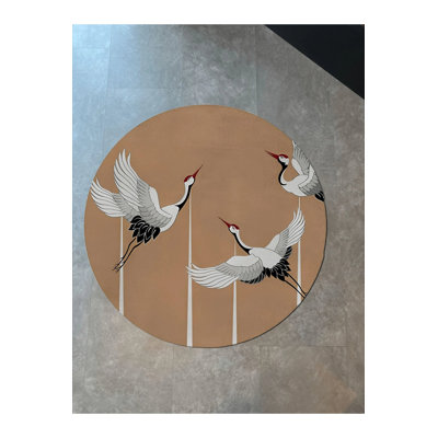 Beige Themed Stork Patterned Modern Woven Base Round Decorative Carpet