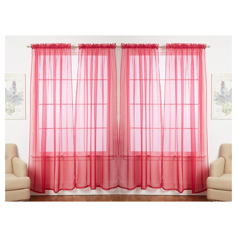 Panneaux de rideaux transparents de couleur unie avec passe-tringle, Rose vif