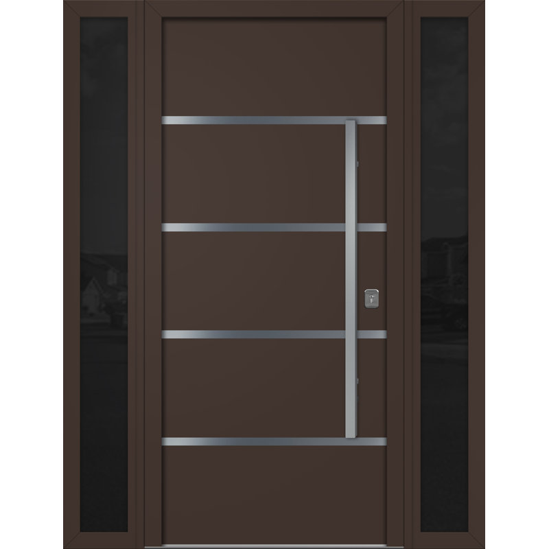 Porte d'entrée extérieure moderne en acier 36 po x 80 po - Inox S3 avec lumières latérales, Brun, Côté gauche