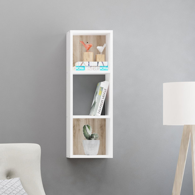 Tablette décorative 3 pièces avec tablettes réglables Abdalla, Blanc/chêne