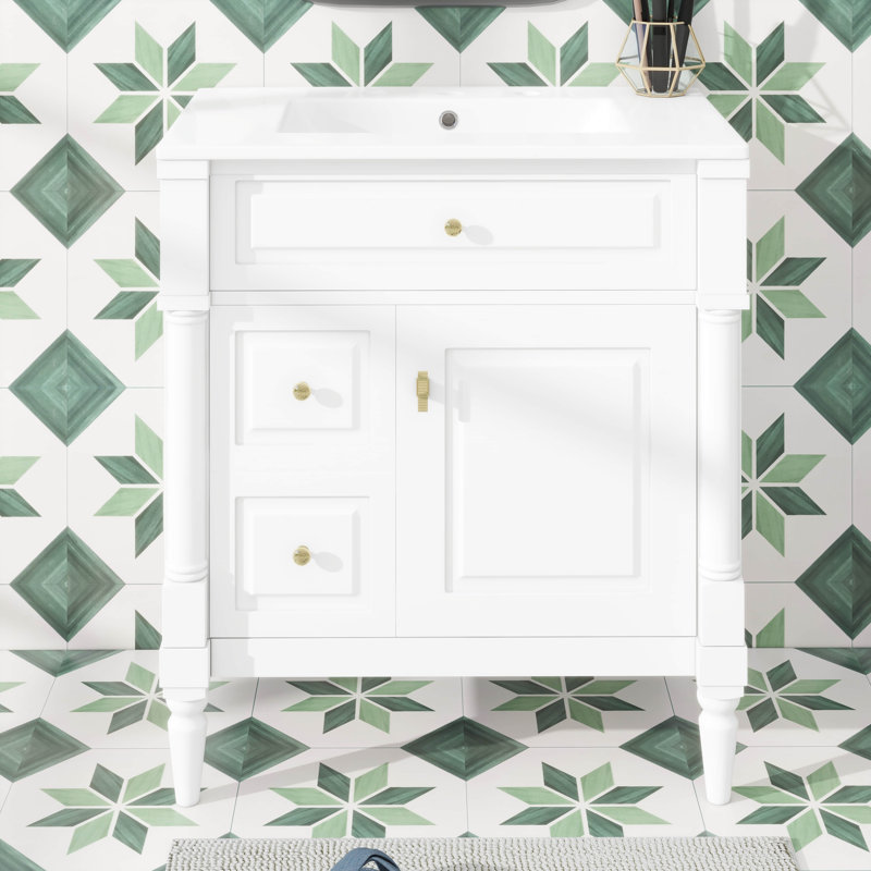 Meuble-lavabo de 30 po avec lavabo, petit meuble-lavabo simple avec 2 tiroirs, tiroir rabattable, tablette de porte, tablette réglable