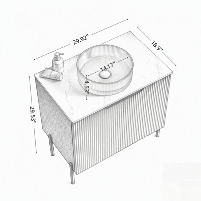 Meuble-lavabo de salle de bain avec lavabo, armoire de rangement autoportante, lavabo rond en verre transparent et comptoir en pierre frittée blanc de Carrare