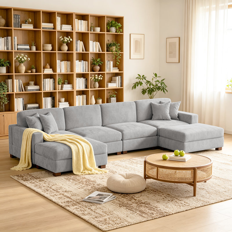 Canapé modulaire rembourré en chenille 6 pièces avec coussins décoratifs et repose-pieds amovibles 6 pièces, Gris chenille
