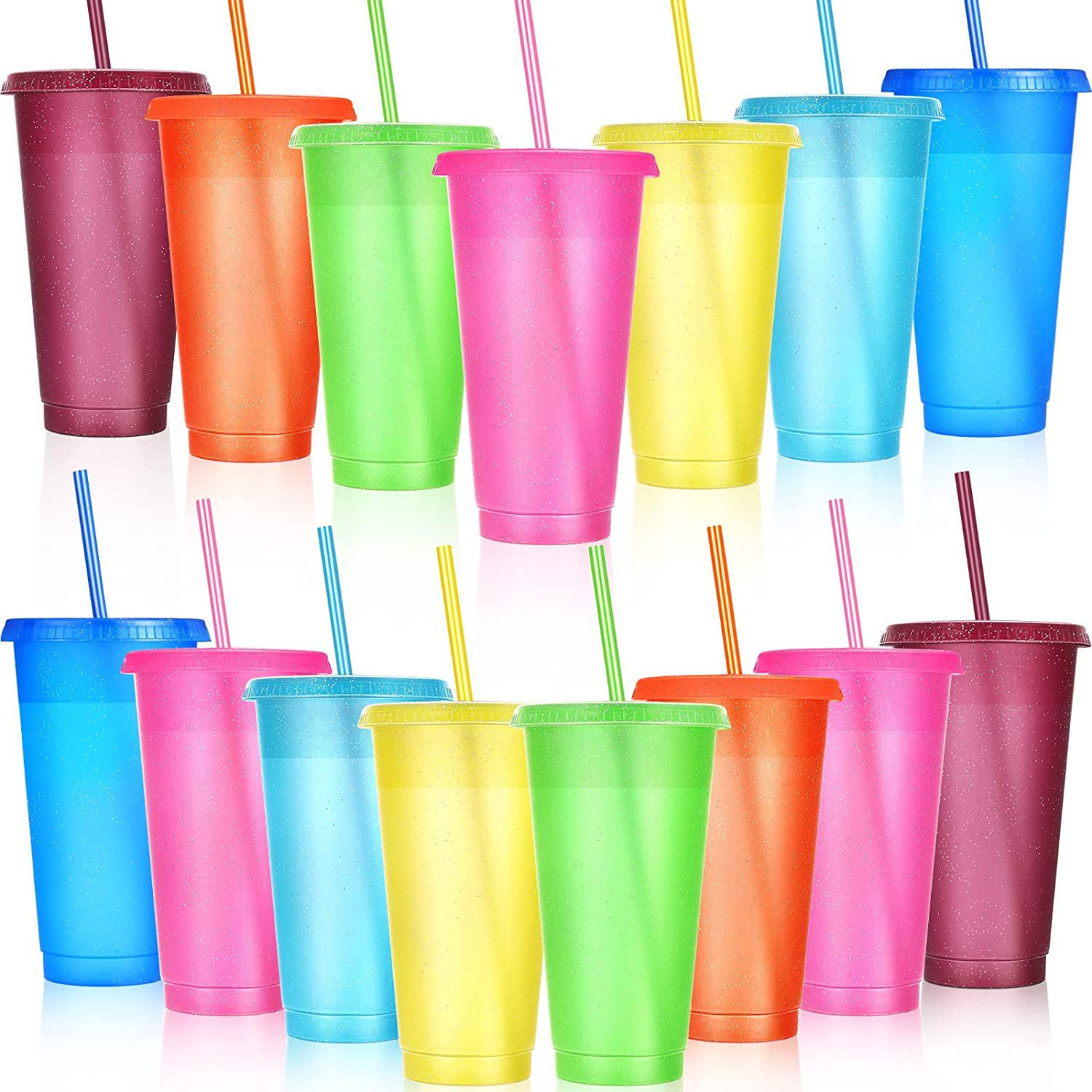 Cups with Fixed Ring Straw and Lid,Water Bottle Iced Coffee Travel Mug Cup,Reusable  Plastic Cups with Sequin Glitter Perfect for Parties,Birthdays,24oz-6 Pack  