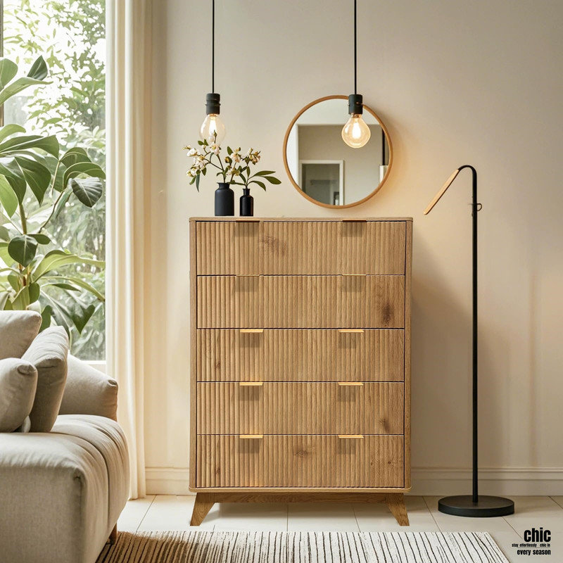 Fluted 5 Drawer Dresser, 48" Tall Wood Chest of Drawers, Curved Edge Modern Storage Cabinet for Bedroom, Living Room, Entryway, Oak