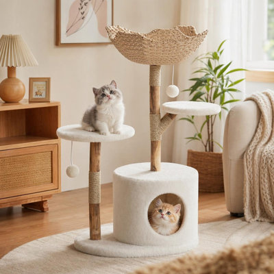 Boho Solid Wood Cat Tower with Rattan Basket, 4-Level Perch & Scratching Posts