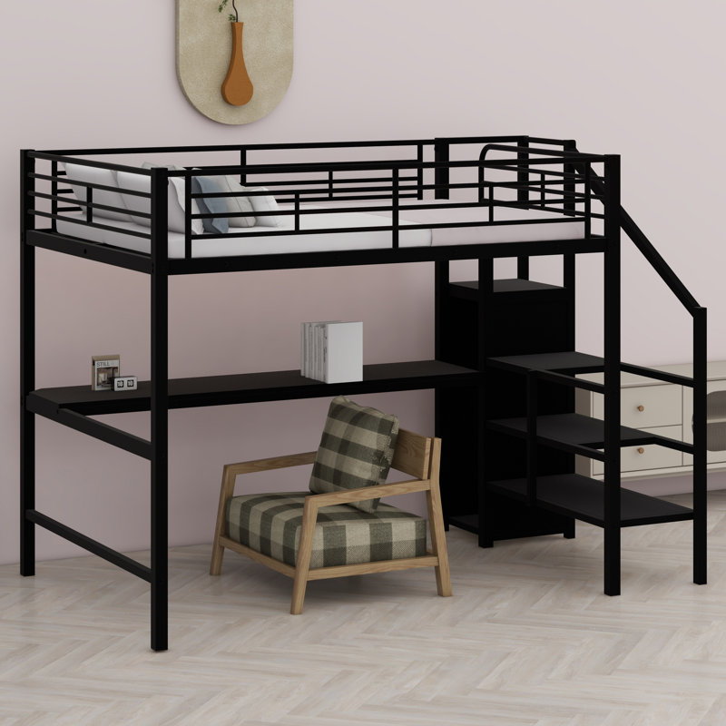 Lit mezzanine en métal avec bureau, escalier de rangement, petite armoire et lumière DEL