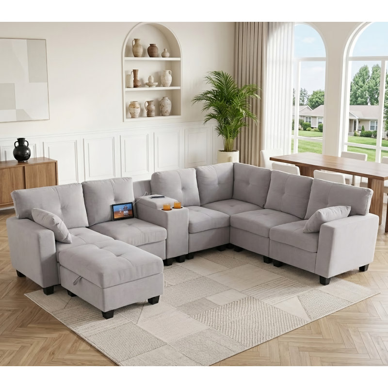 Canapé modulaire rembourré 8 pièces avec ports USB et repose-pieds avec rangement Chesham, Mélange de polyester gris clair