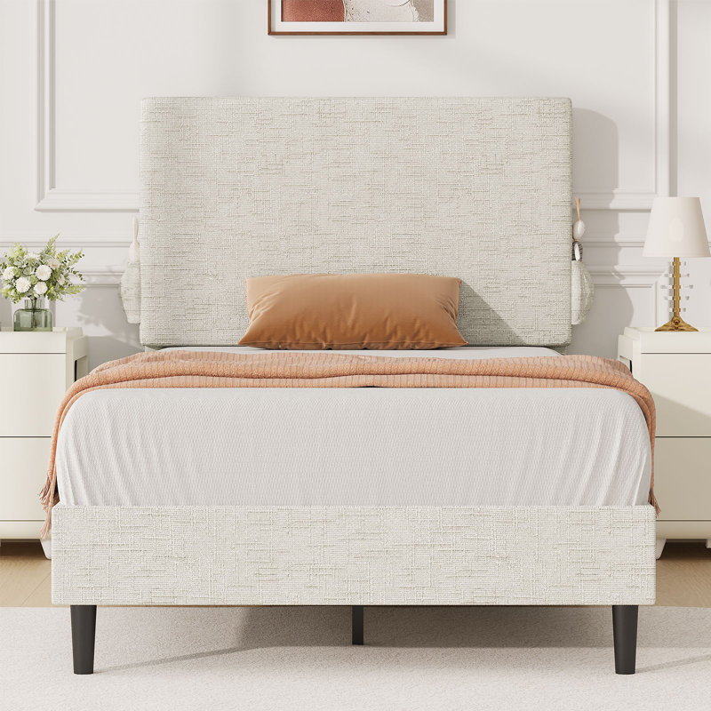 Chenille Fabric Platform Bed Bed Frame With Upholstered Headboard, White
