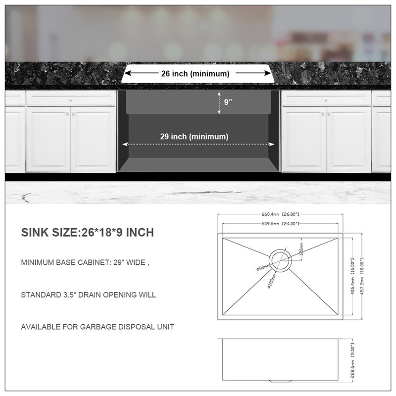 Évier de cuisine encastrable 26 po - Évier de cuisine encastrable 26 po x 18 po x 9 po en acier inoxydable de calibre 18 et 9 pouces de profondeur