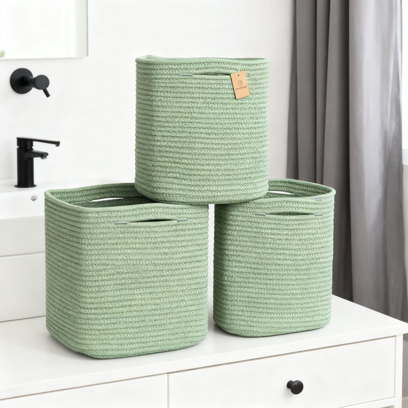 Paquet de 3 bacs de rangement en cubes de 13 pouces - Paniers en tissu tissé avec corde de coton pour organiser les tablettes, les jouets et le placard avec poignées renforcées