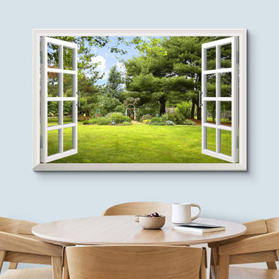 Window Scenery " Print Window Frame Style Beautiful Garden Backyard With Green Trees And Clear Blue Sky In Spring "