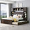 Structure de lit grand en bois massif avec rangement, lit simple avec lit gigogne simple TG, brun classique avec armoires intégrées, tablettes et prises de recharge