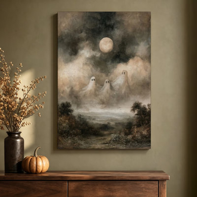 Ghosts Floating Under a Full Moon, Halloween Realistic Oil Gallery Wrapped Canvas Wall Art, 24" H x 36" W Ready to Hang