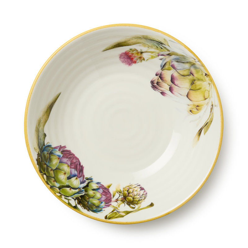 Verdura Set of 4 Pasta Bowls  – Vibrant Artichoke Garden Print Stoneware for Pasta, Salad, Grain Bowls & Rustic Italian Meals – Farmhouse Botanical Serveware