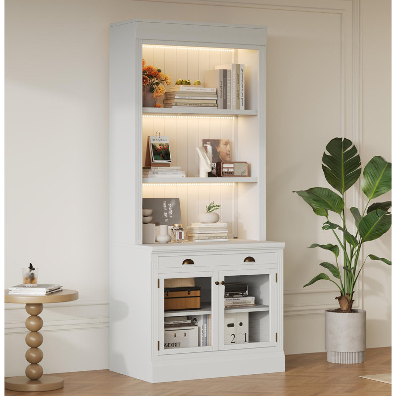 83.4"Tall Bookshelf With LED Lighting, Modern Bookcase With 2 Glass Doors And 1 Drawer,Storage Bookcase With Open Shelves For Living Room,Home Office,White