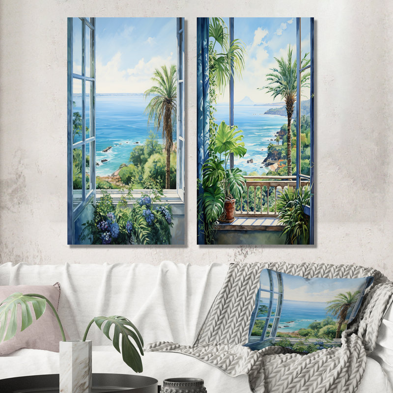 Ensemble de 2 fenêtres tropicales sur la plage I - Coastal Windows Wall Art, Toile tendue, H 32 po x l 33 po