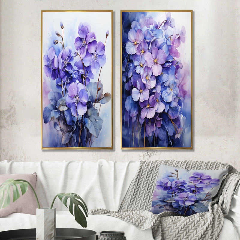 Ensemble de 2 décorations murales lavande Mystery Blooms - Violets, Cadre flottant doré, H 32 po x l 33 po