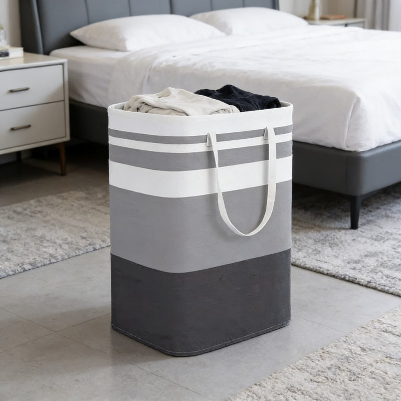 Two-Piece Set, Large 75L Foldable Laundry Hamper With Handles, Modern Striped Design, Breathable Fabric Storage Bin For Clothes, Durable And Portable
