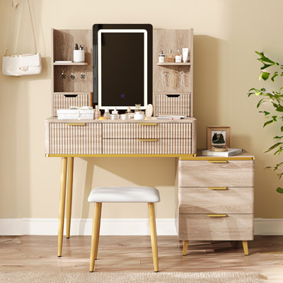 Modern Makeup Vanities Vanity With Led Mirror, Mdf & Metal, Bedroom Elegance