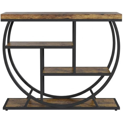 Rustic Industrial Console Table & Entryway Table, 39-Inch Narrow 4-Tier Storage Table with Circle Frame