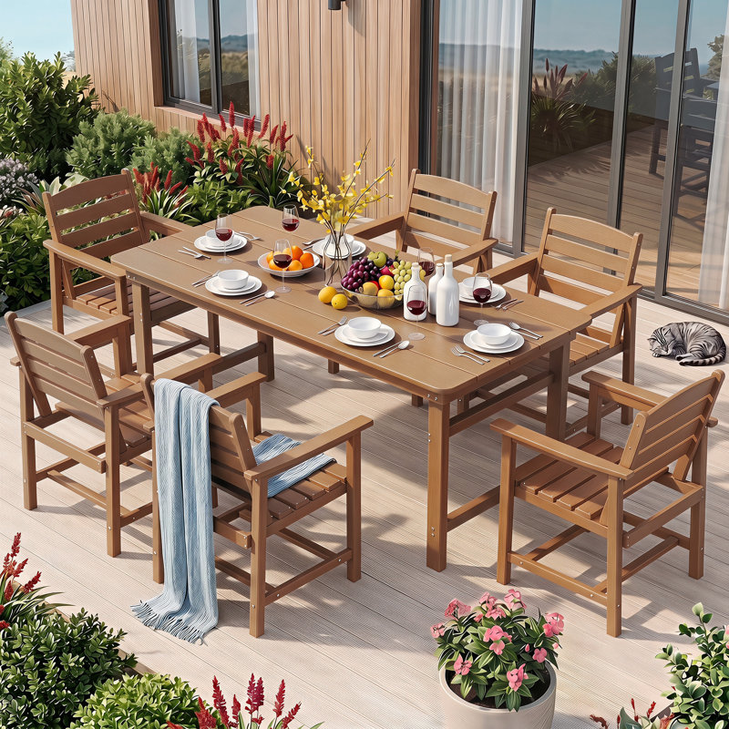 Ensemble de salle à manger rectangulaire pour 6 personnes avec 6 chaises, ensemble de table de salle à manger en PEHD, Teak