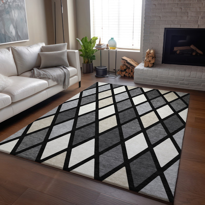 Premium Machine Washable Prisco Black Rug, Rectangle 2'6" x 3'10"