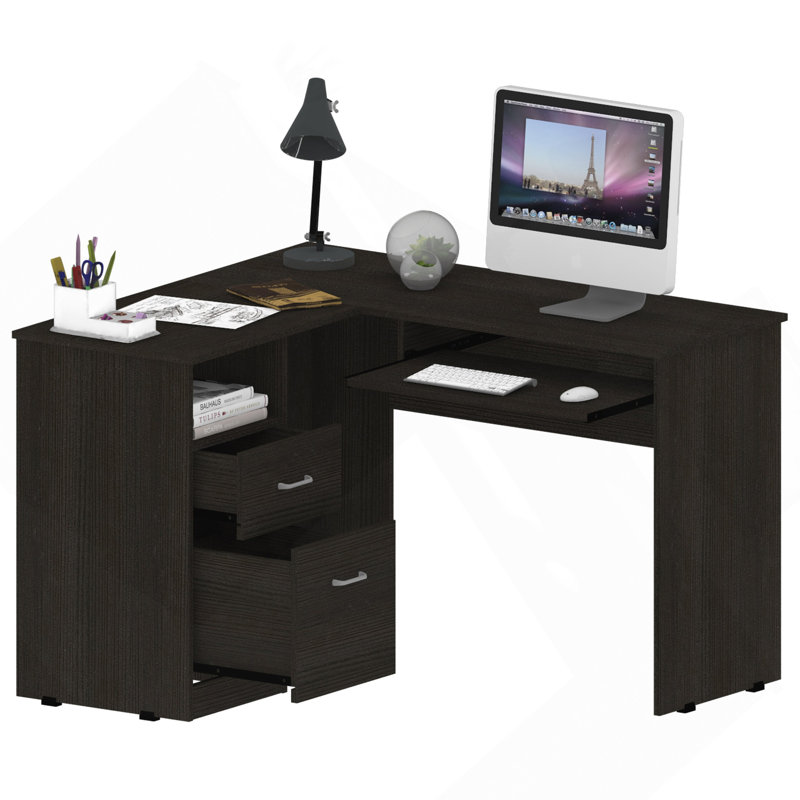 Bureau en L, plateau à clavier, deux tiroirs, une tablette ouverte, noir, Noir