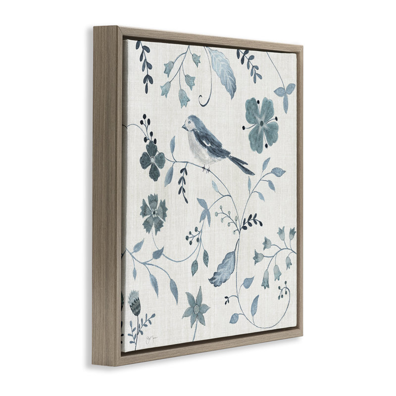 Oiseau avec motifs botaniques, H 18 po x l 18 po, Cadre flottant orme Montalcino