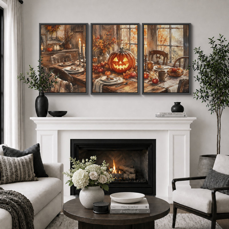 «Rustic Jack O Lantern», art de la salle à manger, photos de la salle à manger, impression sur toile encadrée, impression sur toile, 3 pièces 