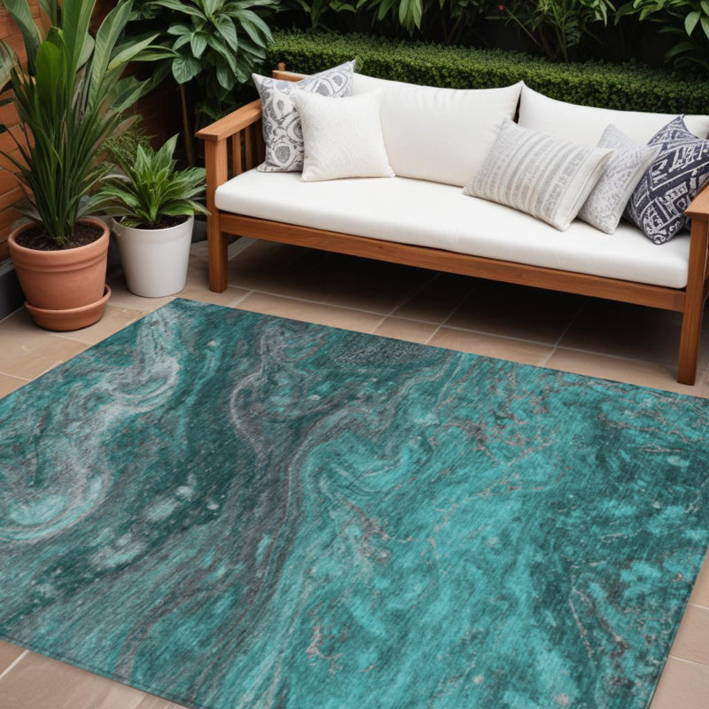 Tapis d'extérieur lavable bleu sarcelle 9 pi x 12 pi bleu turquoise et abstrait
