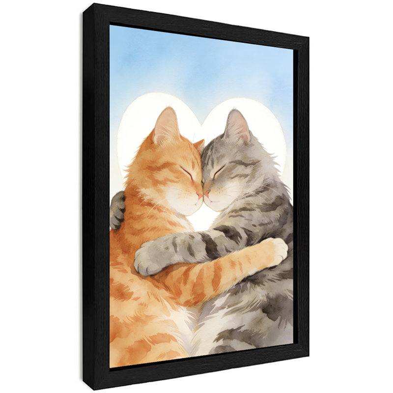 Black Framed Vintage Cats snuggling together Wall Art Valentine's Day theme Style Framed Prints, 11" H x 9" W