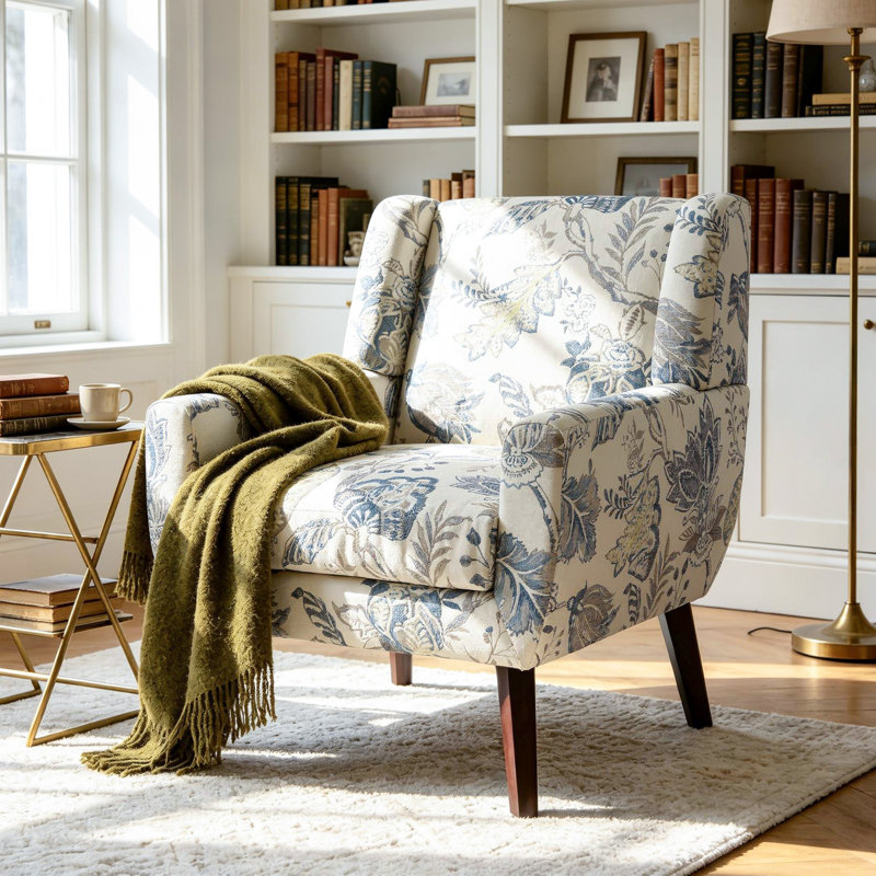 Fauteuil à dossier large capitonné Jaqueze, Mélange de lin performance crème et bleu