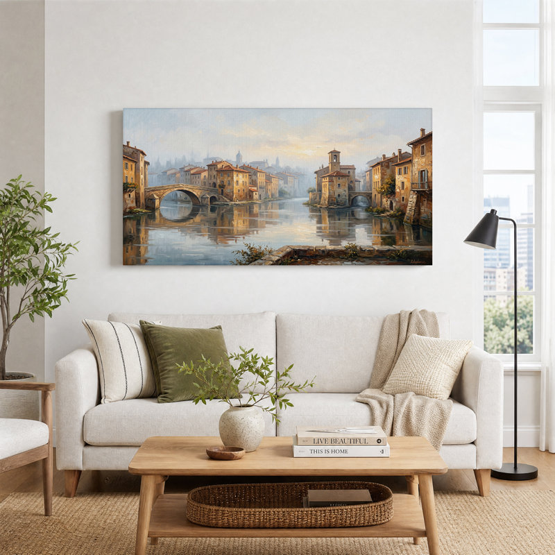 Tableau sur toile représentant une ville de Misty River avec un pont de pierre, L 32 po x H 16 po