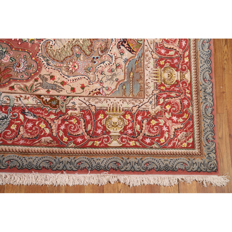 Tapis traditionnel fait à la main en laine et soie rose 7 x 10