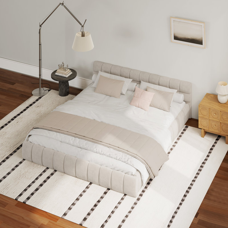 Chenille Upholstered Bed Frame With Headboard, Beige, California King