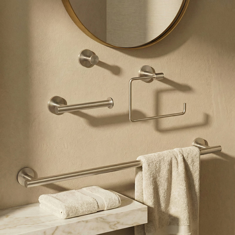 VIGO Elan 4-Piece Brushed Nickel Bathroom Hardware Set with 24-in Towel Bar, Toilet Paper Holder, Hand Towel Holder and Hook