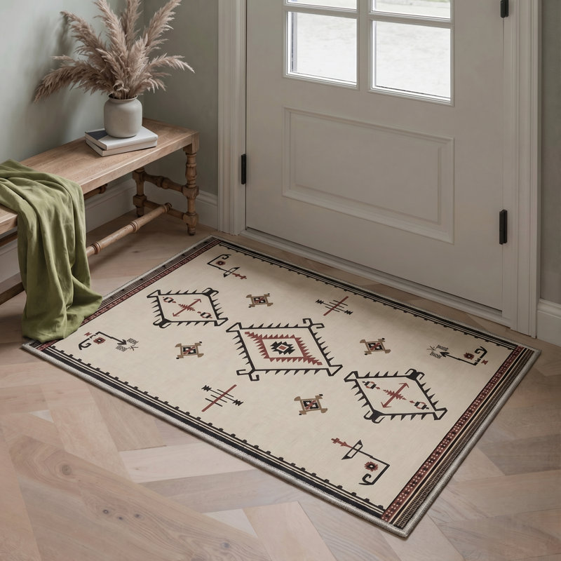 Abrahamson Viento Geometric Machine Washable Beige / Black / Brown Indoor Area Rug with Non-Slip Backing, Rectangle 8' x 10'