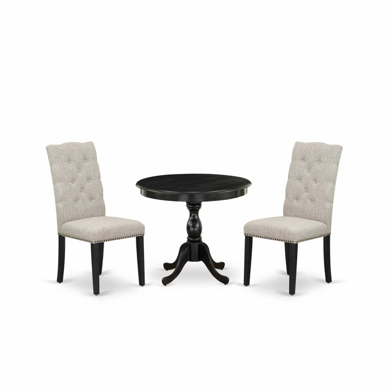3 Piece Kitchen Table & Chairs Set Contains a Round Dining Room Table with Pedestal and 2 Doeskin Linen Fabric Upholstered Chairs, Wirebrushed Black