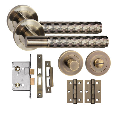 Golden Grace Knurled Diamond Cut T-Bar Bathroom Door Handle Set with Matching Key Hole Escutcheon