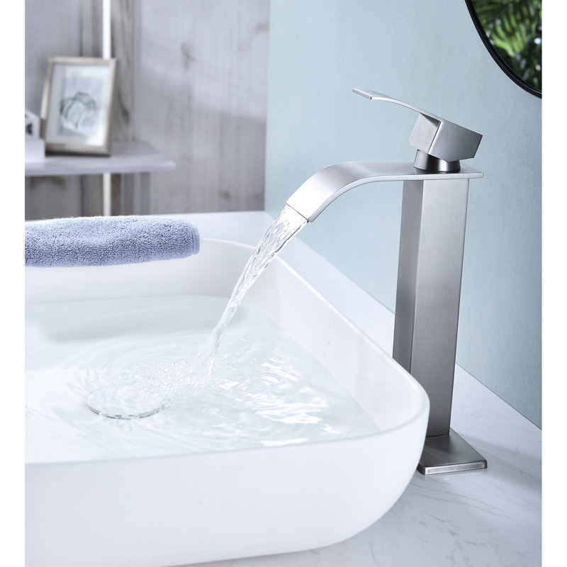 Robinet de lavabo de salle de bain - modèle à bec cascade, acier inoxydable, poignée simple, bonde escamotable, robinet en acier au fini nickel brossé