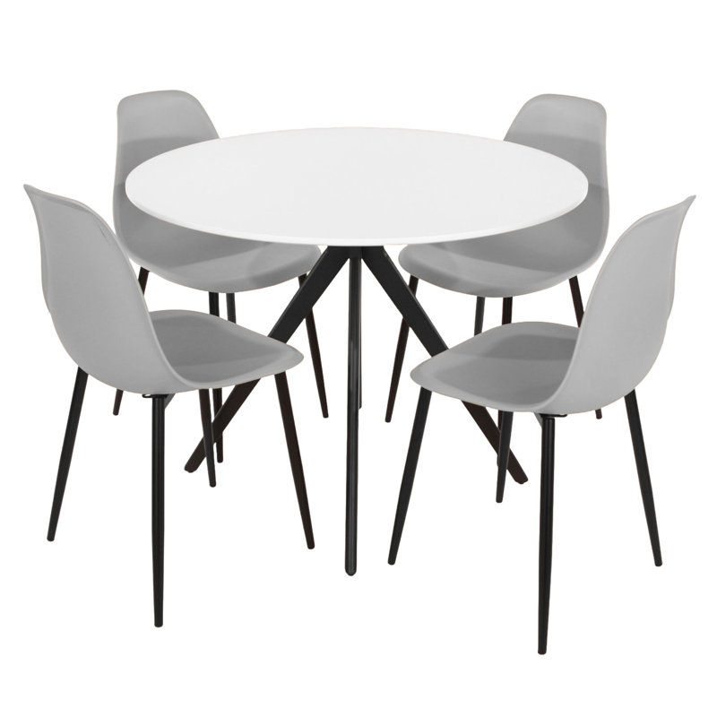 Aspen 5-Piece Casual Dining Set - Spacious Round Table & 4 Curved Plastic Chairs, White, Grey