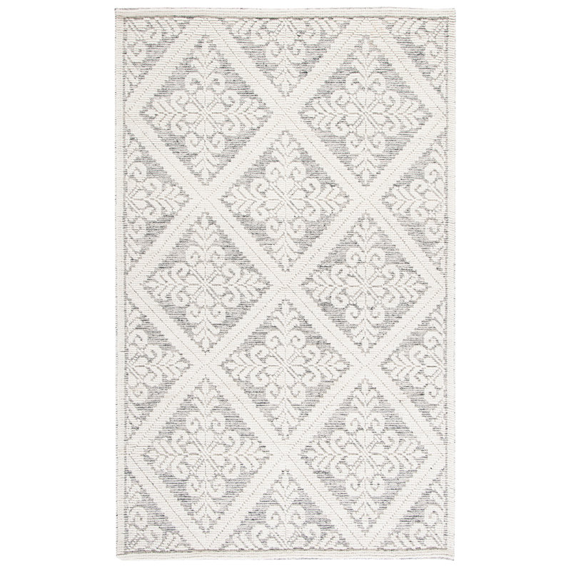 Tapis ivoire / gris en laine tissé à la main Goehring, Rectangle de 5 pi x 8 pi