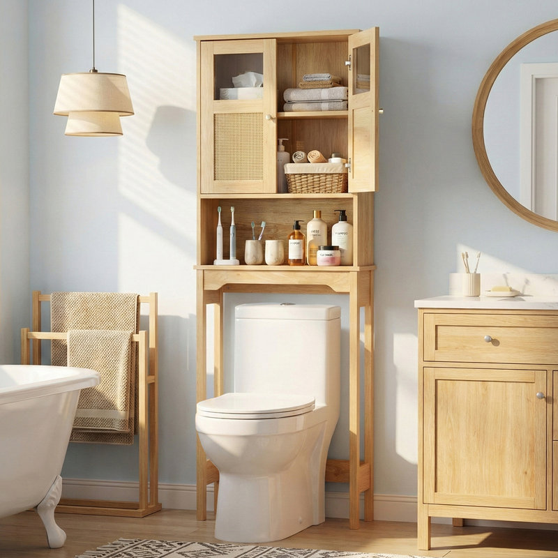 66.93'' Toilet Cabinet In Original Wood With Rattan Surface Double Doors