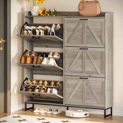 Three-tier large-capacity adjustable shoe cabinet with flip-out drawers and removable shelves, featuring a modern minimalist design.