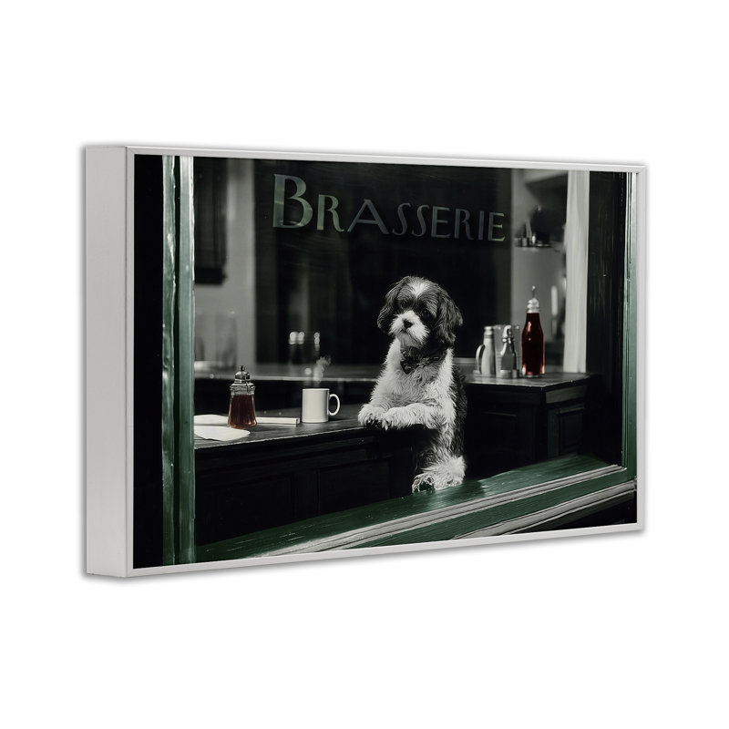 «Brasserie Vintage Dog in Window», dessin par Annabelle Hall, H 16 po x l 24 po, Giclée encadrée blanc bord de mer