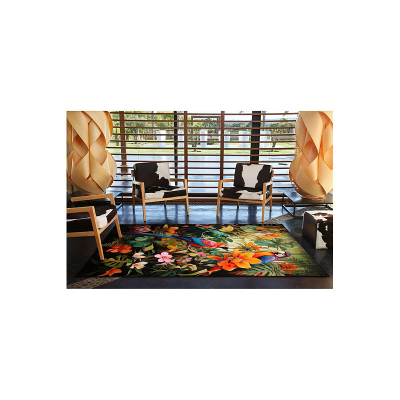 Parrot Forest Pattern Botanical Animal Pattern Woven Base Decorative Machine Washable Rug