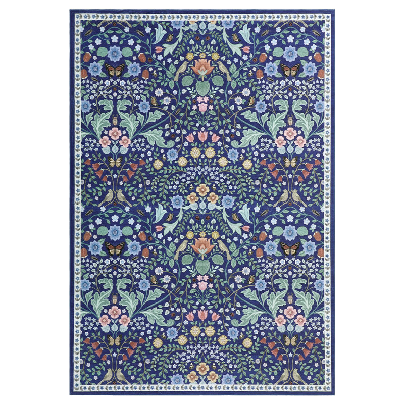 Vintage Floral Area Rug, Non-Slip Washable Low-Pile Botanical Print Stain Resistant Foldable Carpet for Living Room, Bedroom, Kitchen, Hallway