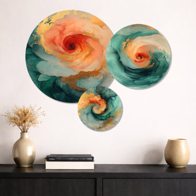 «Emerald and Peach Ink Spiral I», ensemble de 3 impressions murales géométriques dorées